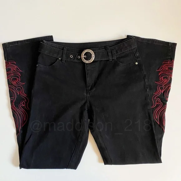 Harley Davidson Vintage Y2K Flame Embroidered Bootcut Flare Black Jeans 6 long - Picture 11 of 11
